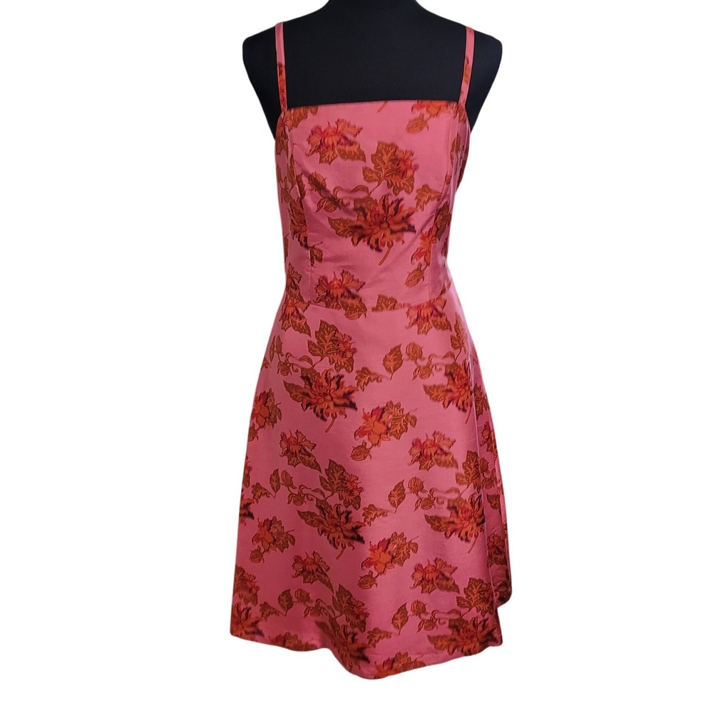 Hennes Silk Floral Midi Dress Vintage Y2K Pink 10 Sleeveless A-Line Square Neck